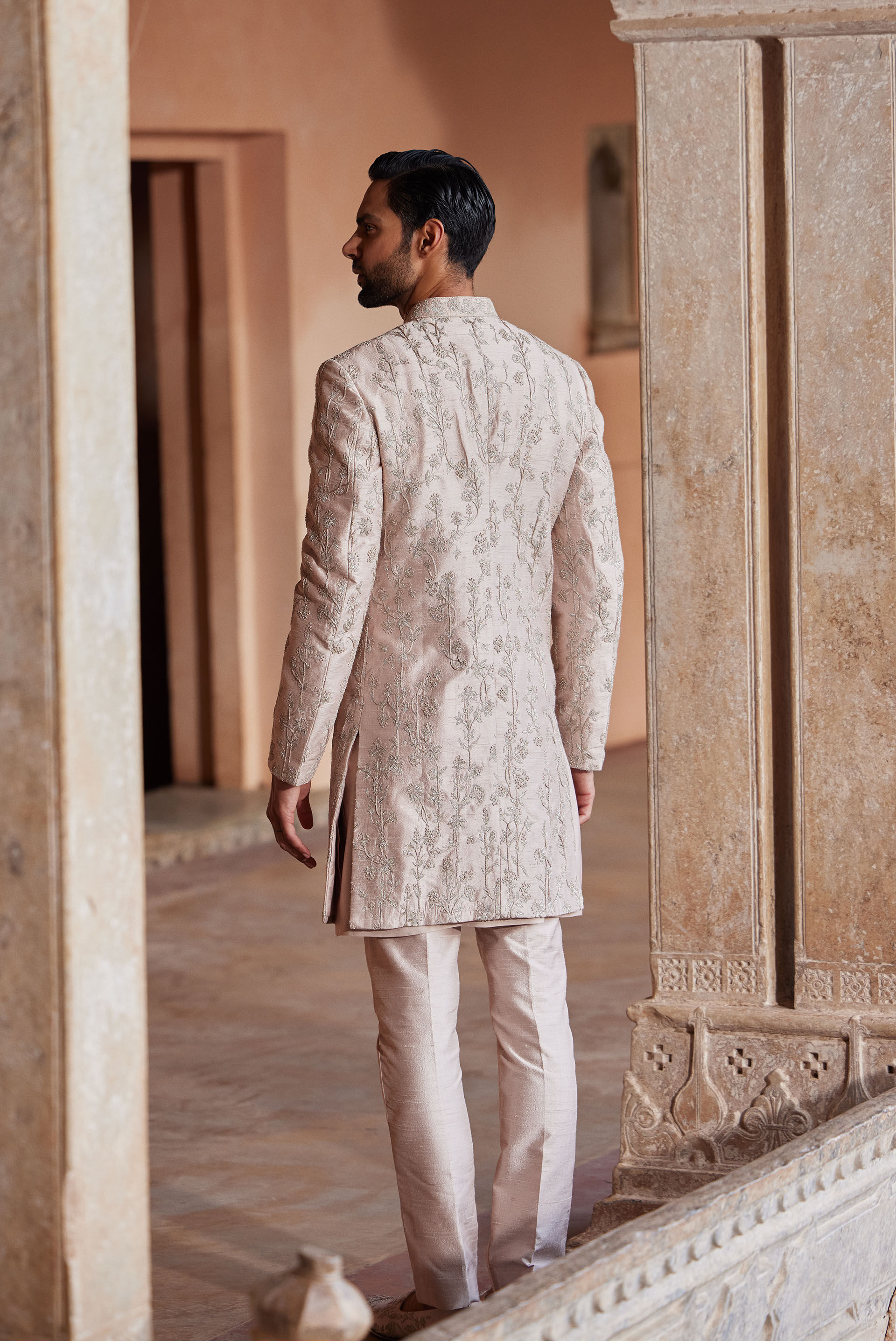 Ahmar Hand-embroidered Silk Sherwani - Salmon
